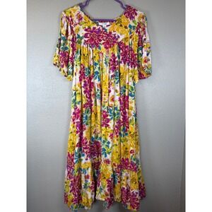 Go Softly Patio Womens Floral Rayon Muumuu Dress Pink Yellow Blue L Pocket